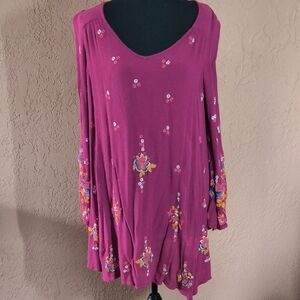 Free People Embroidered Oxford Long Sleeve Mini Dress Size Medium
